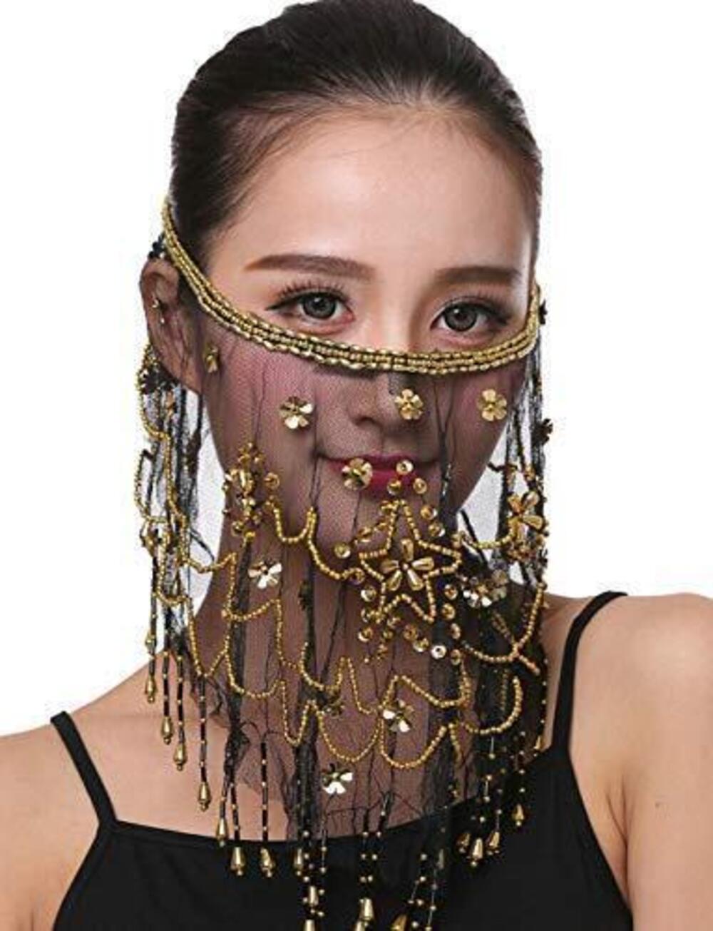 2314 Belly Dance Face Veil with Beads Sequins Halloween Genie Costume